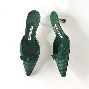 Manolo Blahnik Retro Vintage Polka Dot Bow Kitten Heel Pointed Toe Mules 37.5